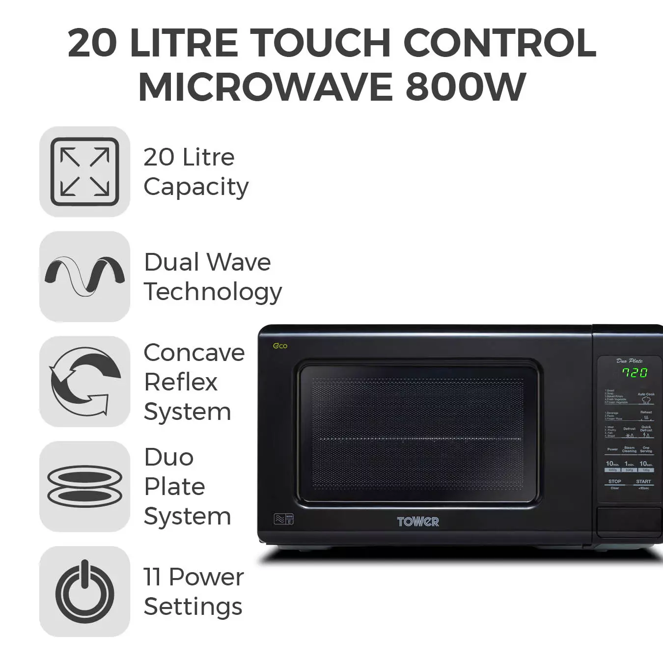 800 W Daewoo Duo-Plate Touch Control Microwave 20 Litre White 