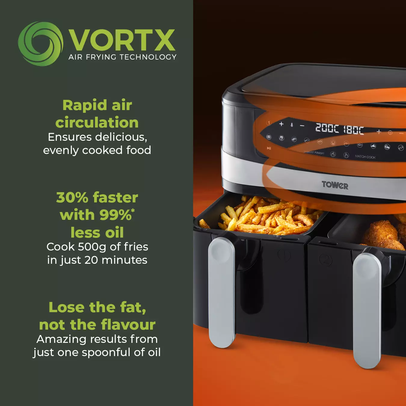 Tower Vortx 9L Dual Basket Air Fryer with 10 One-Touch Presets