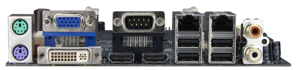 Close up of an I/O panel showcasing its variety of connection ports