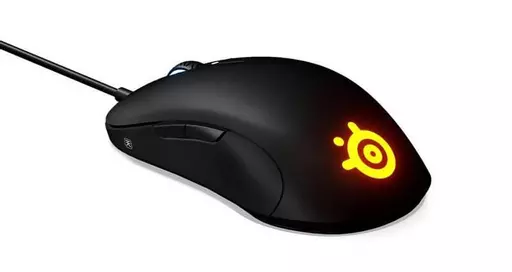 SteelSeries Sensei 10 gaming mouse with glowing orange RGB logo