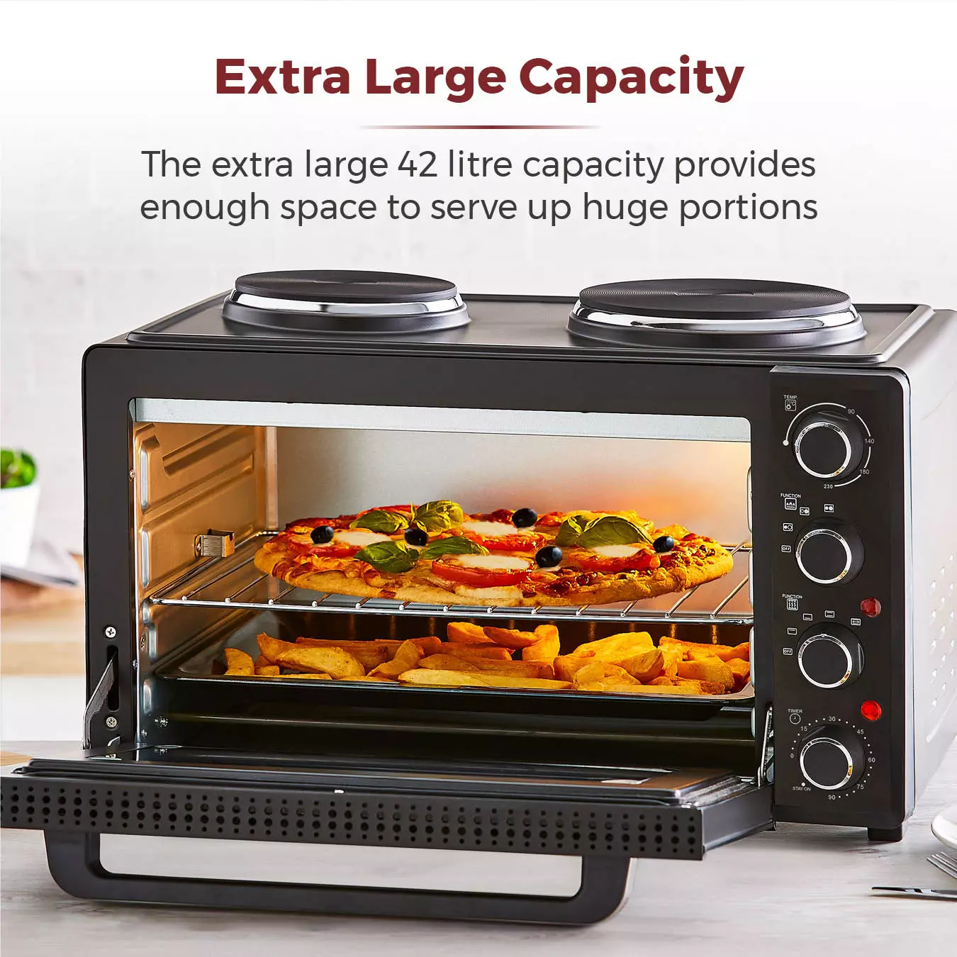 42L Mini Oven With Hot Plates Black With Silver Accents T14045