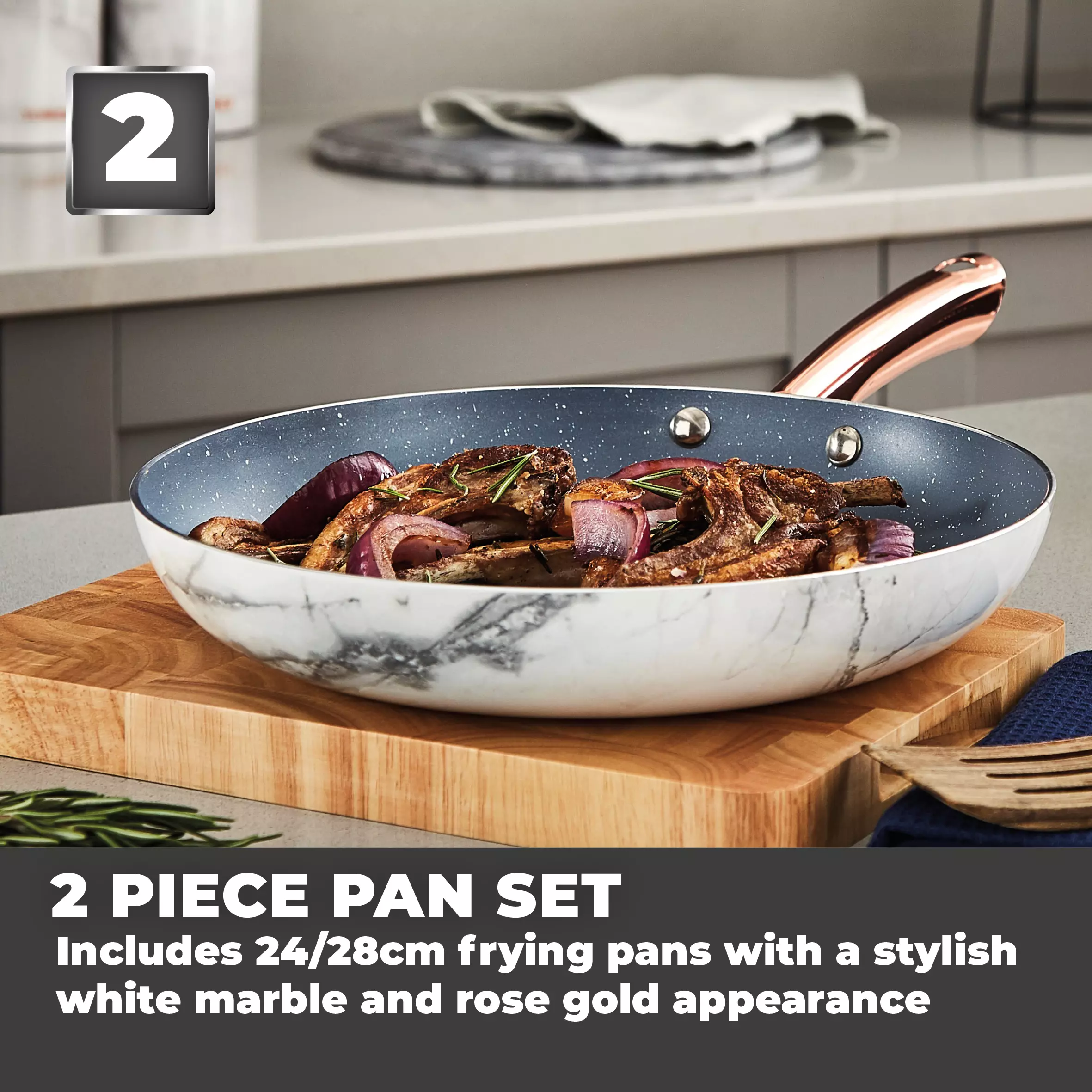 Tower Rose Gold Frying Pan Set 24 and 28 cm, Non Stick and Easy to Clean,  White, 2 Piece