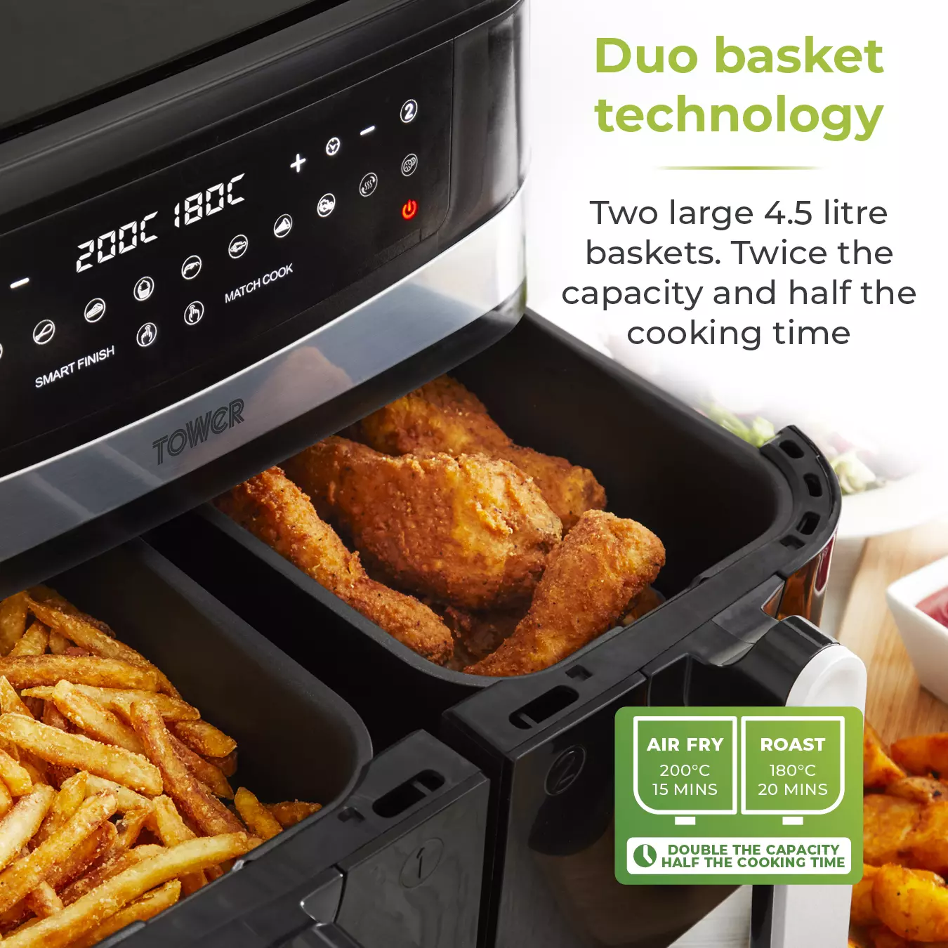 Tower, T17100, Vortx Vizion 9L Dual Basket Air Fryer with Digital control  panel & 10 One-touch Pre-sets, Black