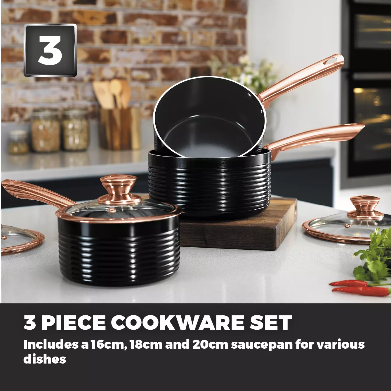 TOWER T800001RW Saucepan Set, Linear Collection with Easy Clean Non-Stick  Ceramic Coating, Aluminium, White and Rose Gold